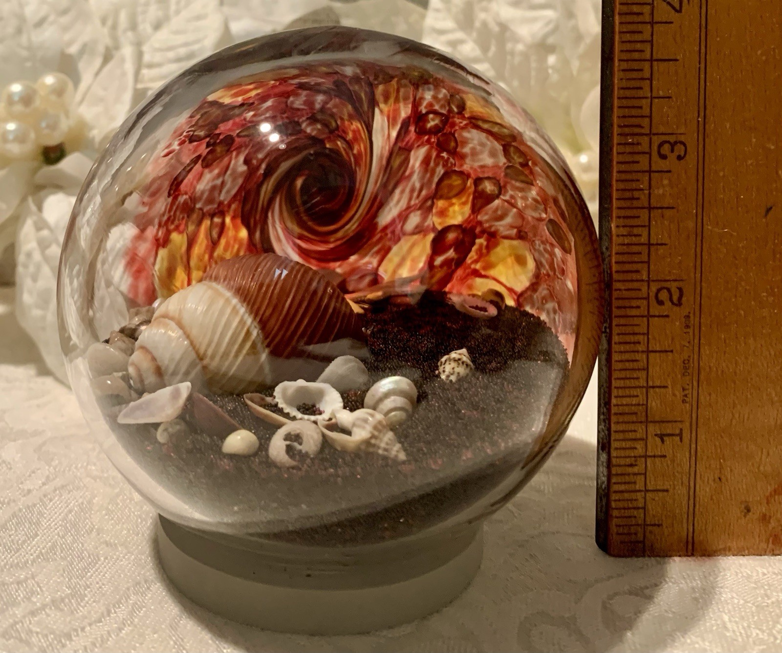 Art Glass Eye Studio Globe Sand & Sea Shells Paperweight Red Swirl 3 3/4”