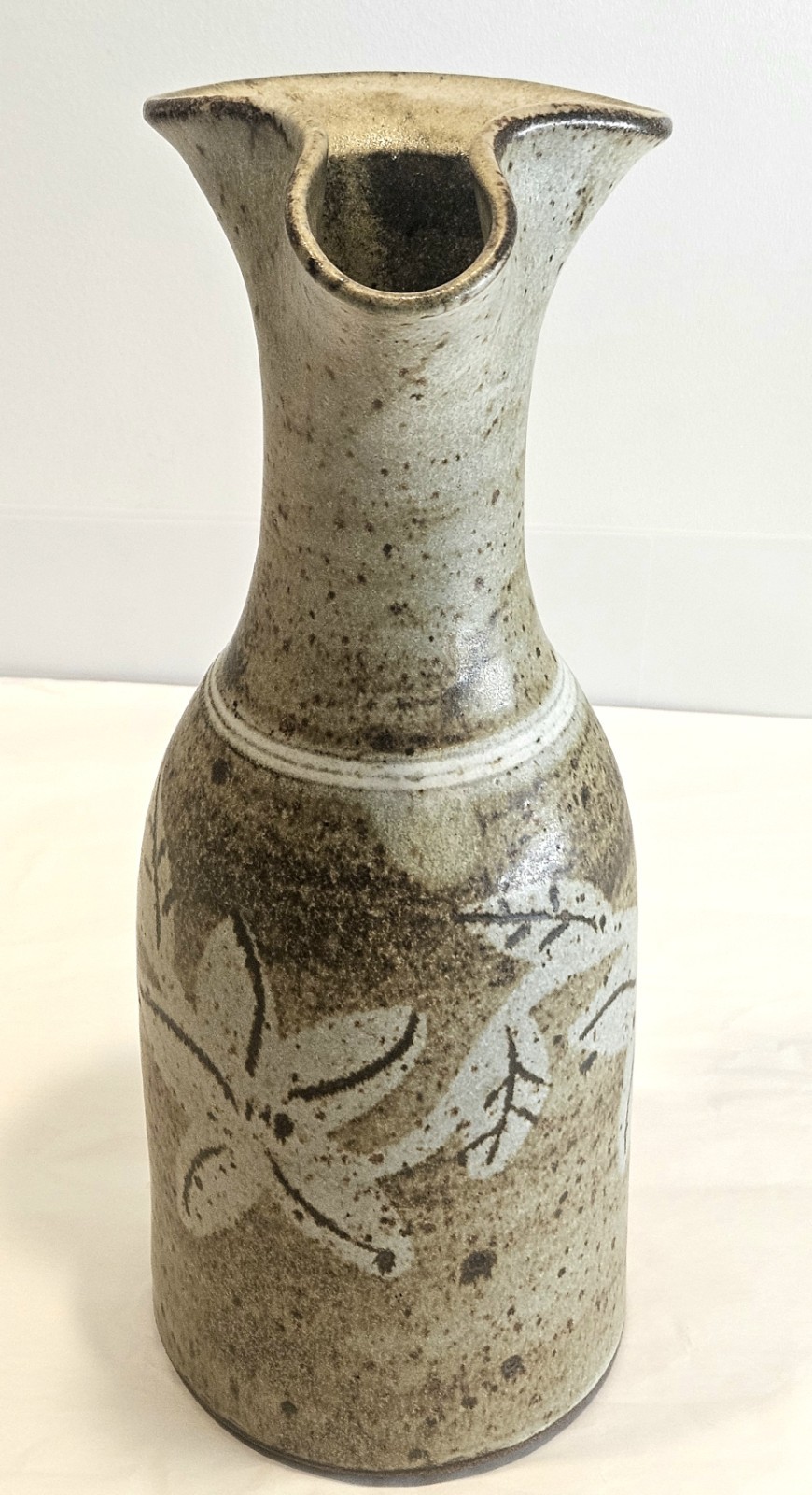 Vintage 1980 Studio Pottery Vase 11” Stoneware Bottle Form Flared Rim Earth Tone