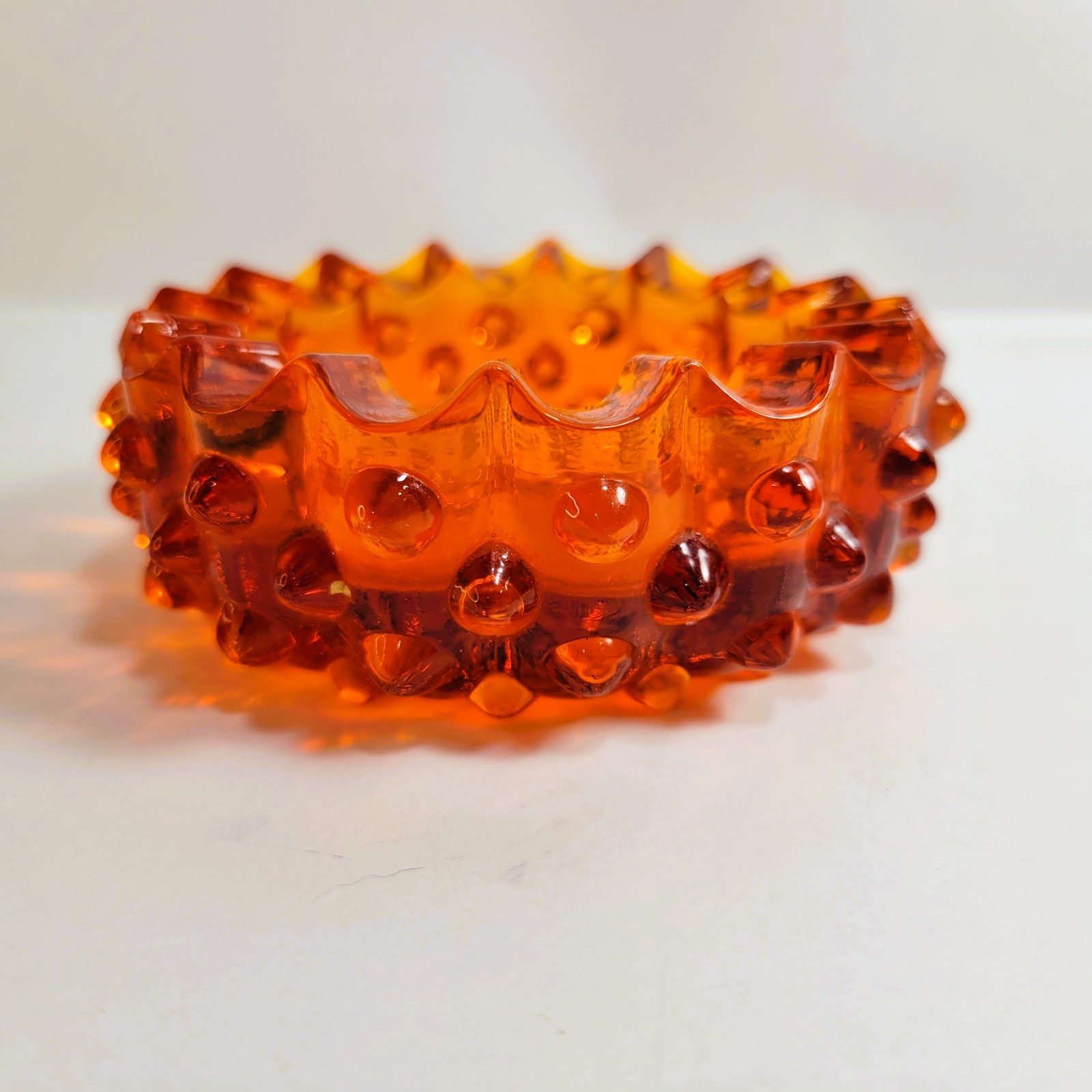 Vintage Retro Mid Century Fenton Hobnail Bright Orange Glass Ashtray 3 3/4″