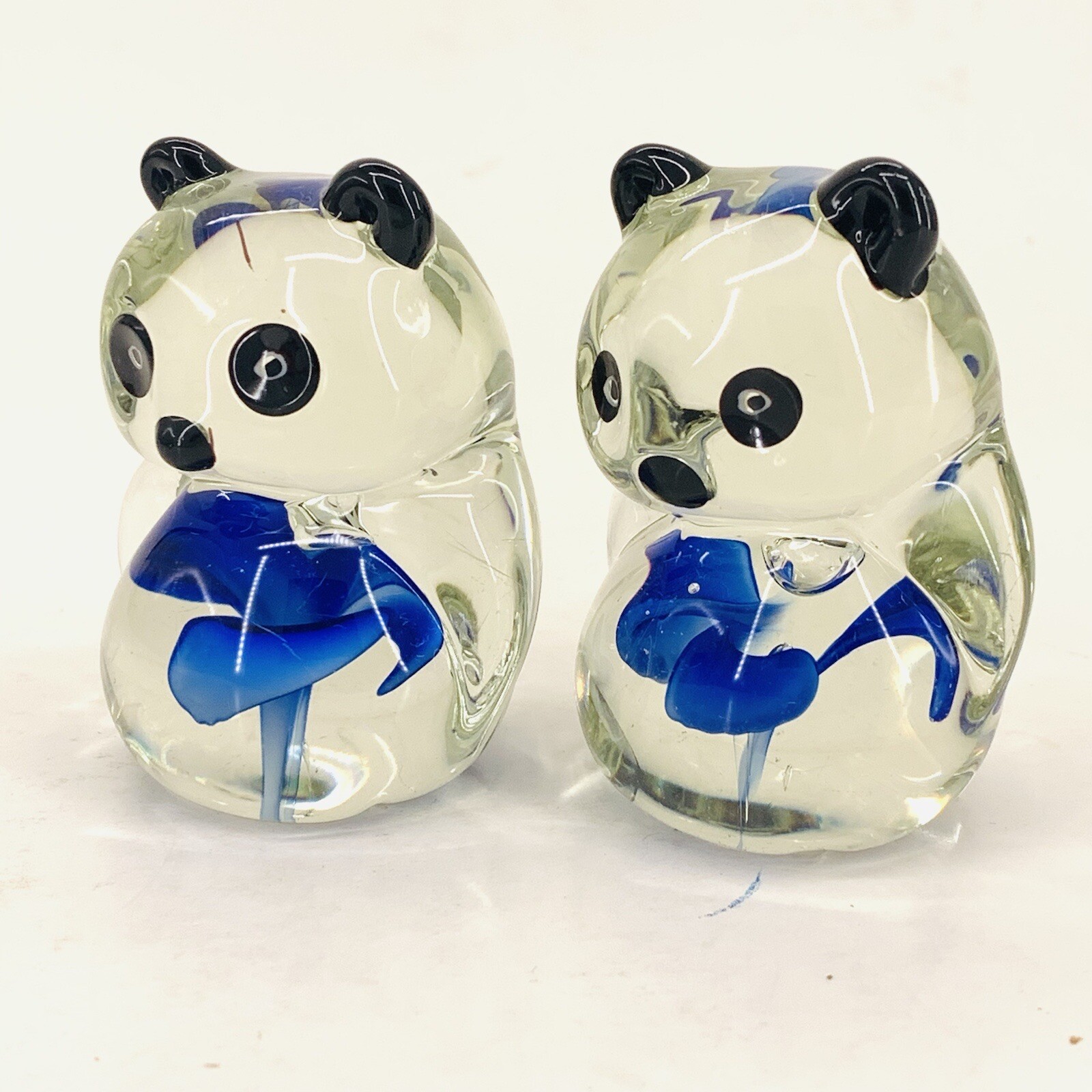 Panda Bears Set 2 Glass Paperweights Clear With Blue Swirl in Belly 2.25” Tall