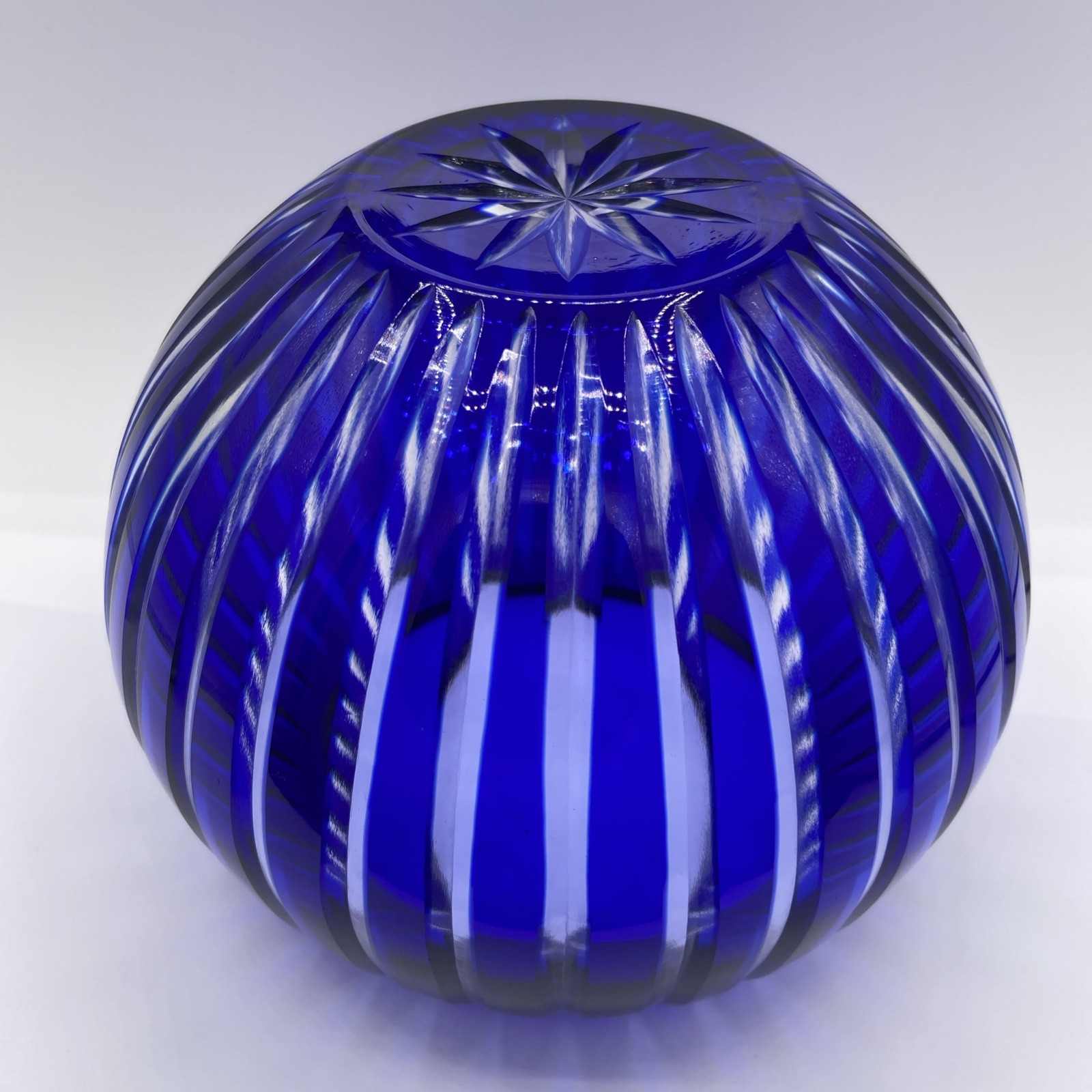 Striped Cased Sapphire Cobalt Blue Cut Glass Bowl Vase 5.75″ tall 7″ wide Round