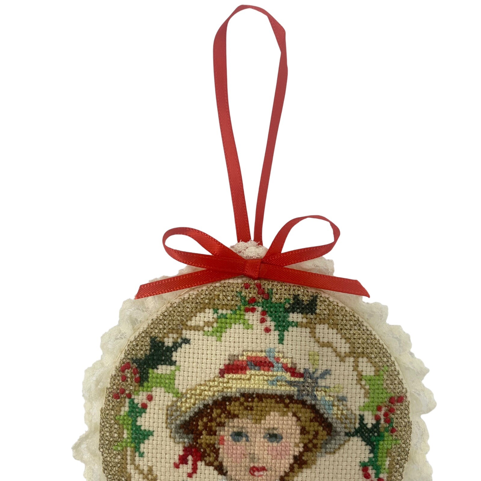 Vintage Needlepoint Victorian Boy and Girl Ornaments Finished Handcrafted lot 2