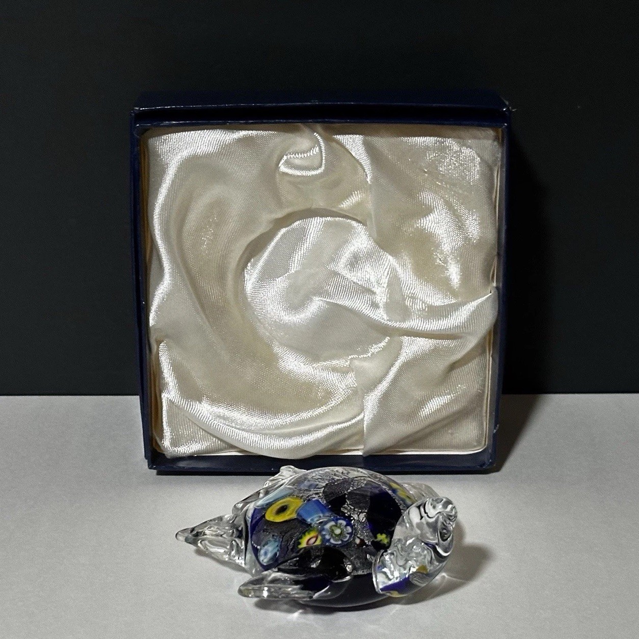 Murano Glass Sea Turtle Clear and Blue With Millefiori Canes Decor Art Piece