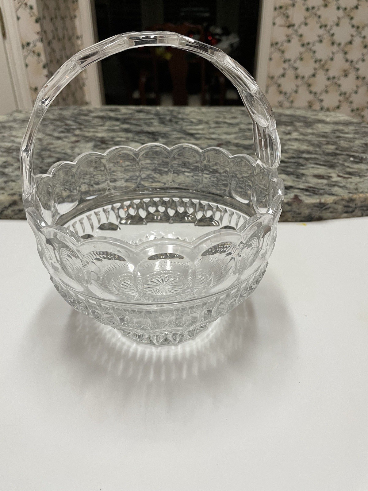 LARGE Cut Glass Easter Egg Basket Flowers Pin Wheels Thick Heavy Glass