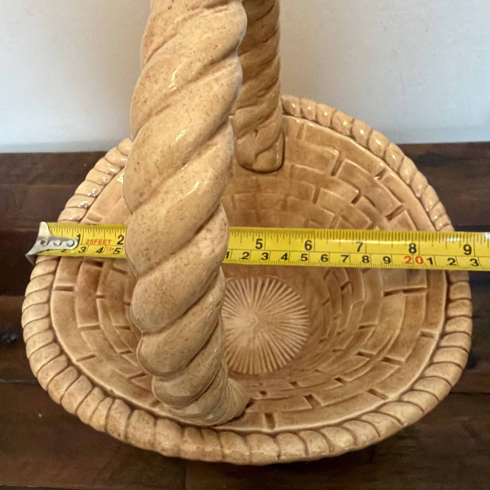 Vintage Handmade Ceramic Brown WOVEN BASKET WITH HANDLE. Signed EB