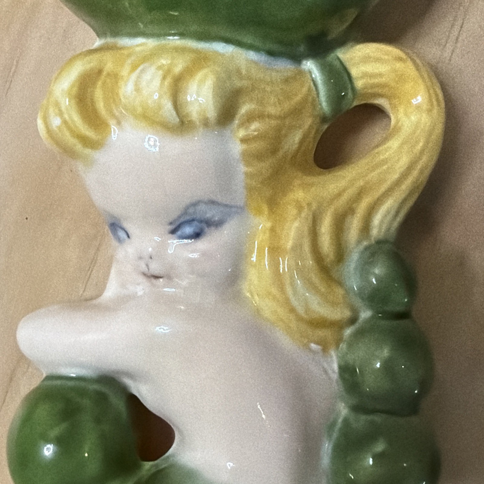 Vintage Goode Mold Ceramic Mermaid Wall Pocket 1950’s Kitchy Blond Hair Green