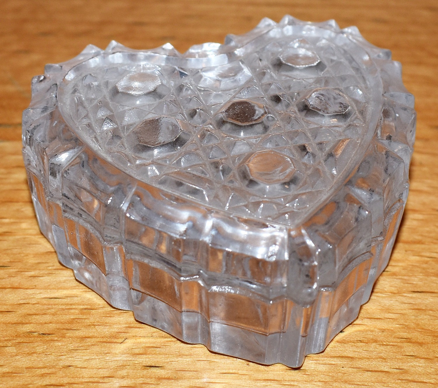 PRICE DROP Vintage Cut Glass Heart Shaped Dish Trinket Jewelry Box w Lid