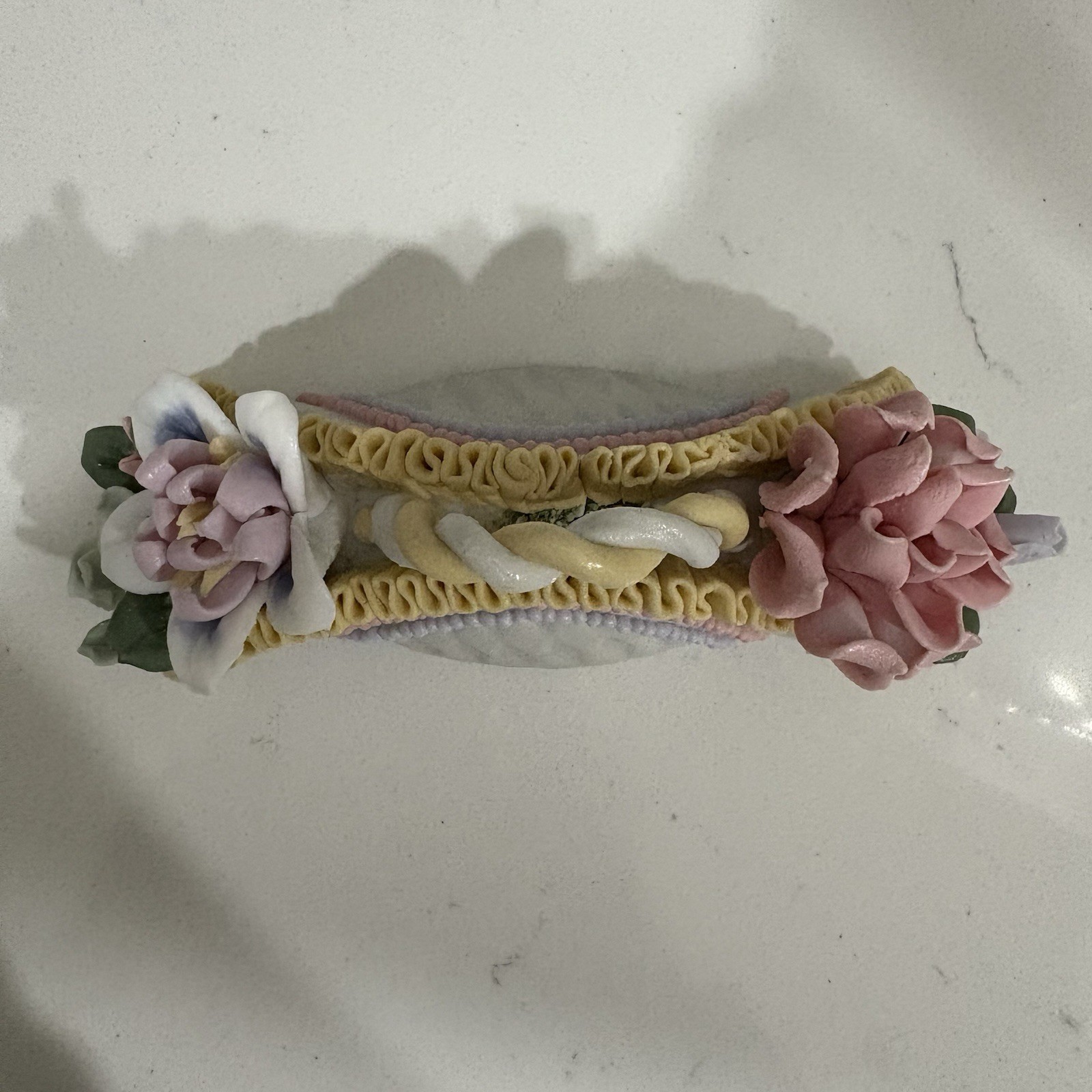 Vintage Decorative clay Flower Basket Figurine Pastel Roses Handle Accent
