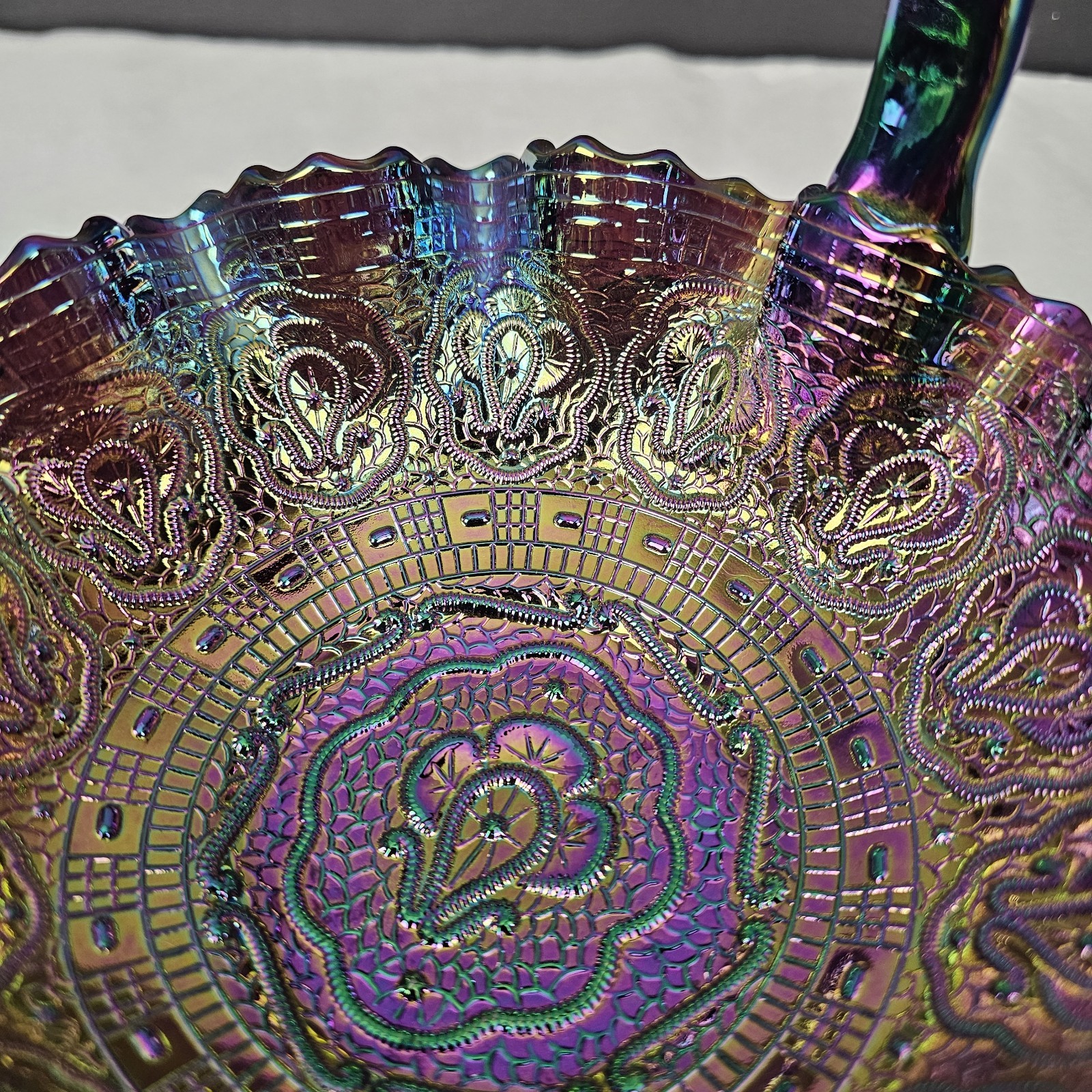 Fenton Purple Iridescent Carnival Glass Handled Round Decorative Basket