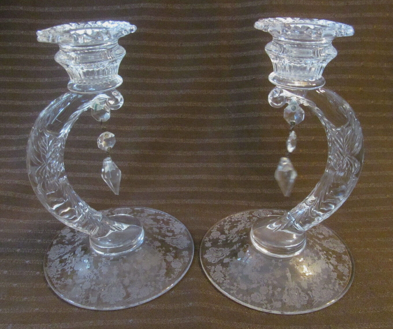 Pair~1940s ROSE POINT Cambridge Glass Candlesticks 7.5″ w/Prisms~Martha 497