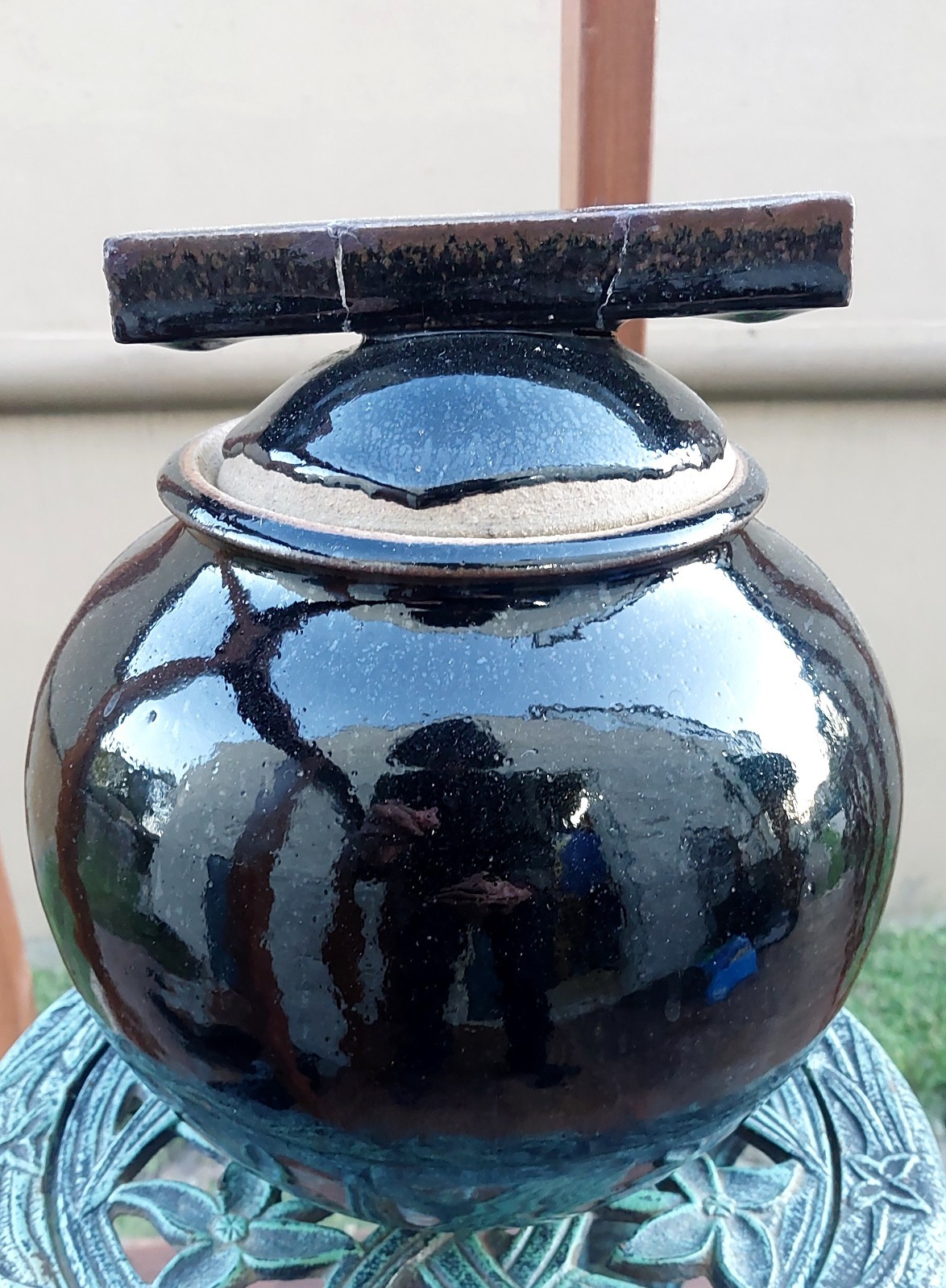 Tenmoku Glazed Stoneware Lidded Ginger Jar/ Urn . Artist Signed