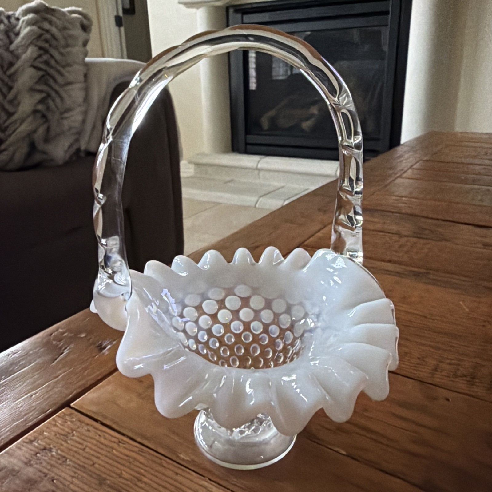 Vintage Fenton Opalescent White Clear Hobnail Basket w/Handle Ruffled Edge 6” H