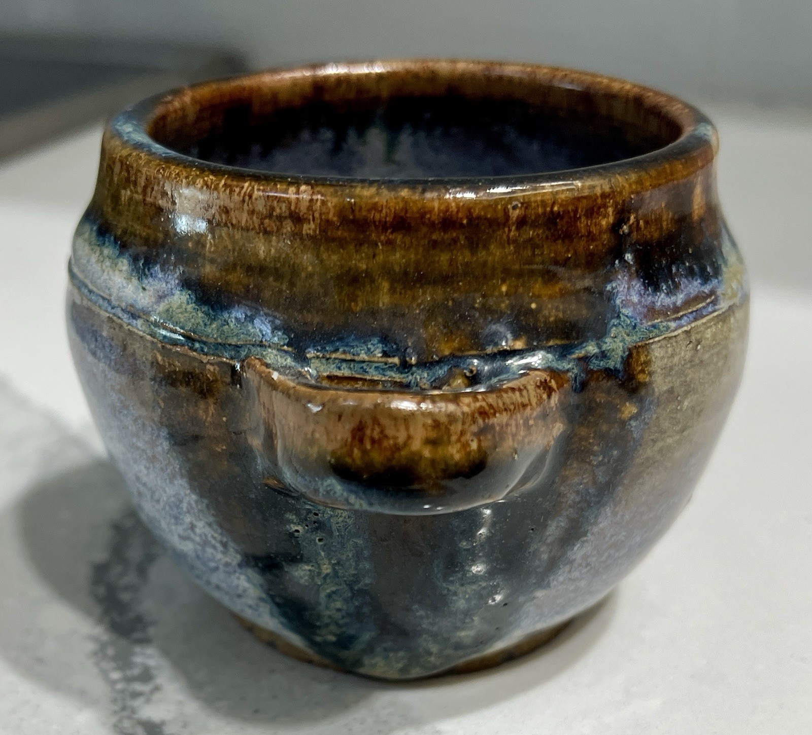 Vtg Double Handled Drip Glaze Storage Chili Pot Blue Brown Small Handmade MINT
