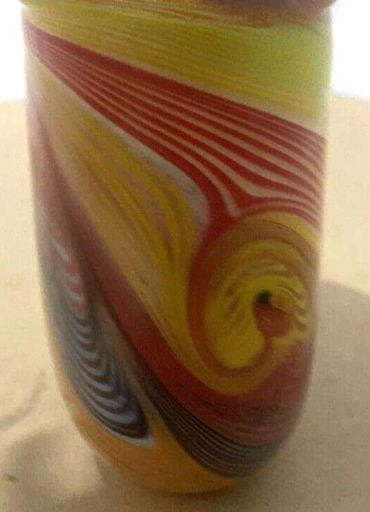 Swirl Art Glass Multi Color Red Orange Yellow Green Black Vase Heavy 7’X7″