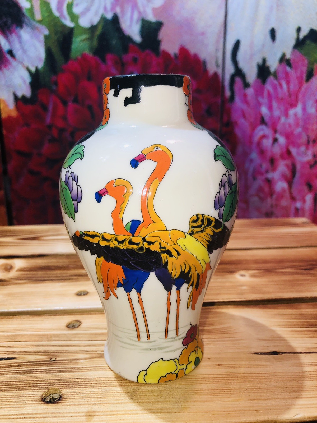 Rare Royal Doulton Mandarin Ware Flamingo Vase by Robert Allen. Pair. 6” H.