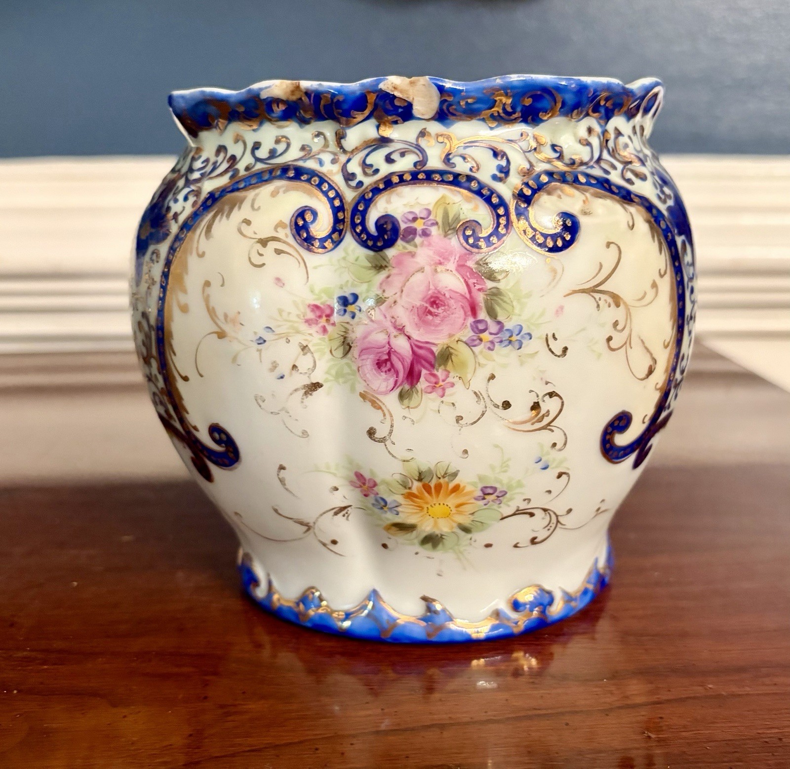 Antique French Hand Painted Porcelain Biscuit Jar w Lid; Blue w flowers & Gold