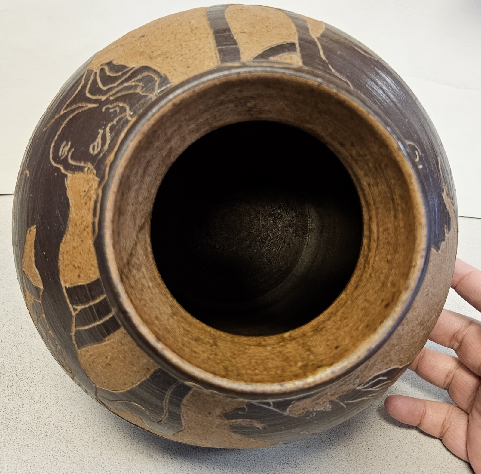 1960s Ceramic Handmade Etched ANCIENT GREEK STYLE Pottery Vase JUG Signed AHO
