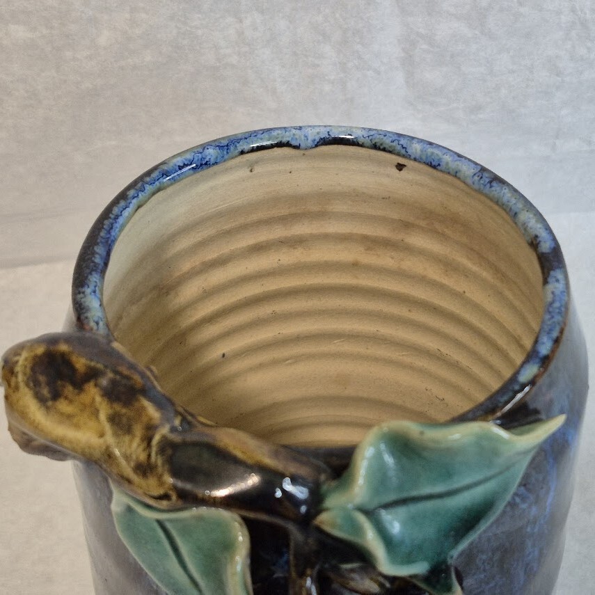 Cylindar Vintage Shiwan Stoneware Inspired Brush Pot Vase Handbuilt 3-D Fruit