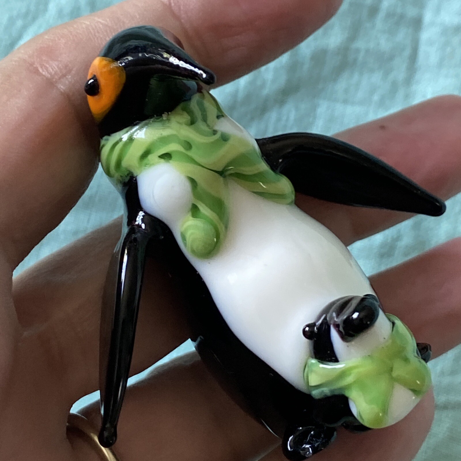 Christmas Penguin Hand Blown Glass Miniature Figurine w/Baby Penguin