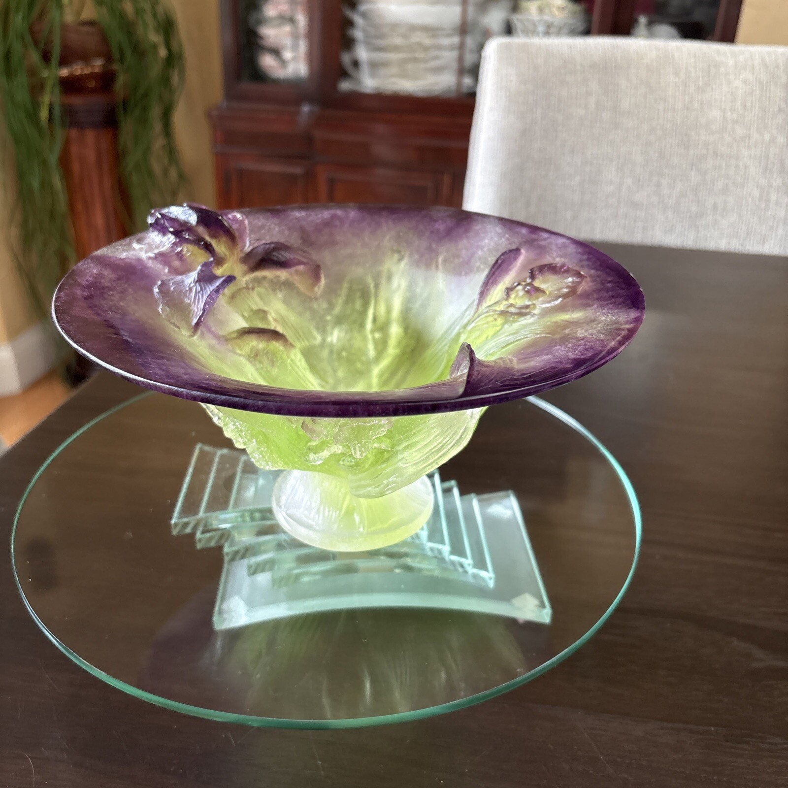 DAUM FRANCE PATE DE VERRE LARGE IRIS CETERPIECE BOWL SIGNED 8 3/4”-MINT