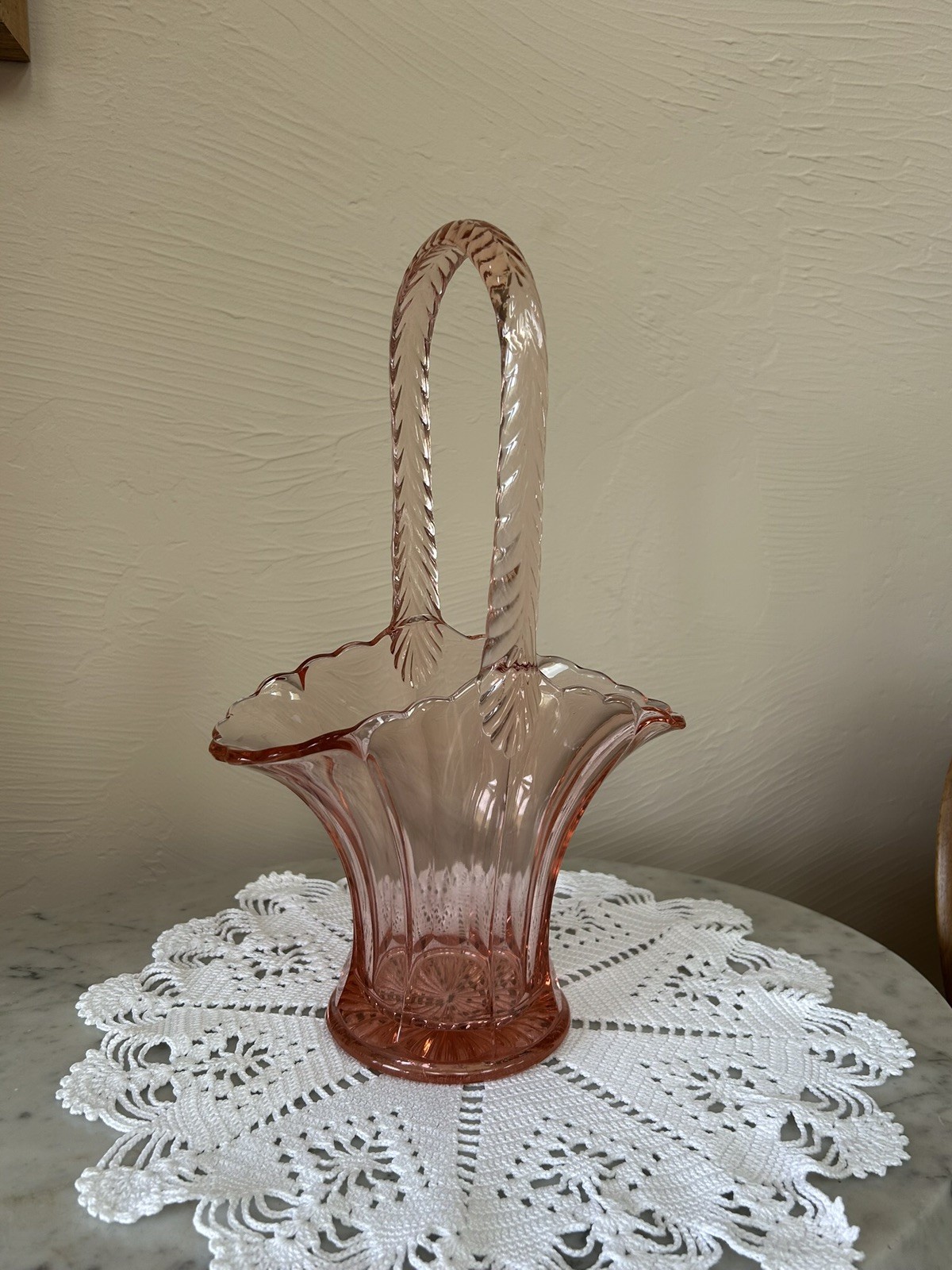 Vintage Westmoreland Large 12-1/2” Tall Pink Basket Vase With Handle