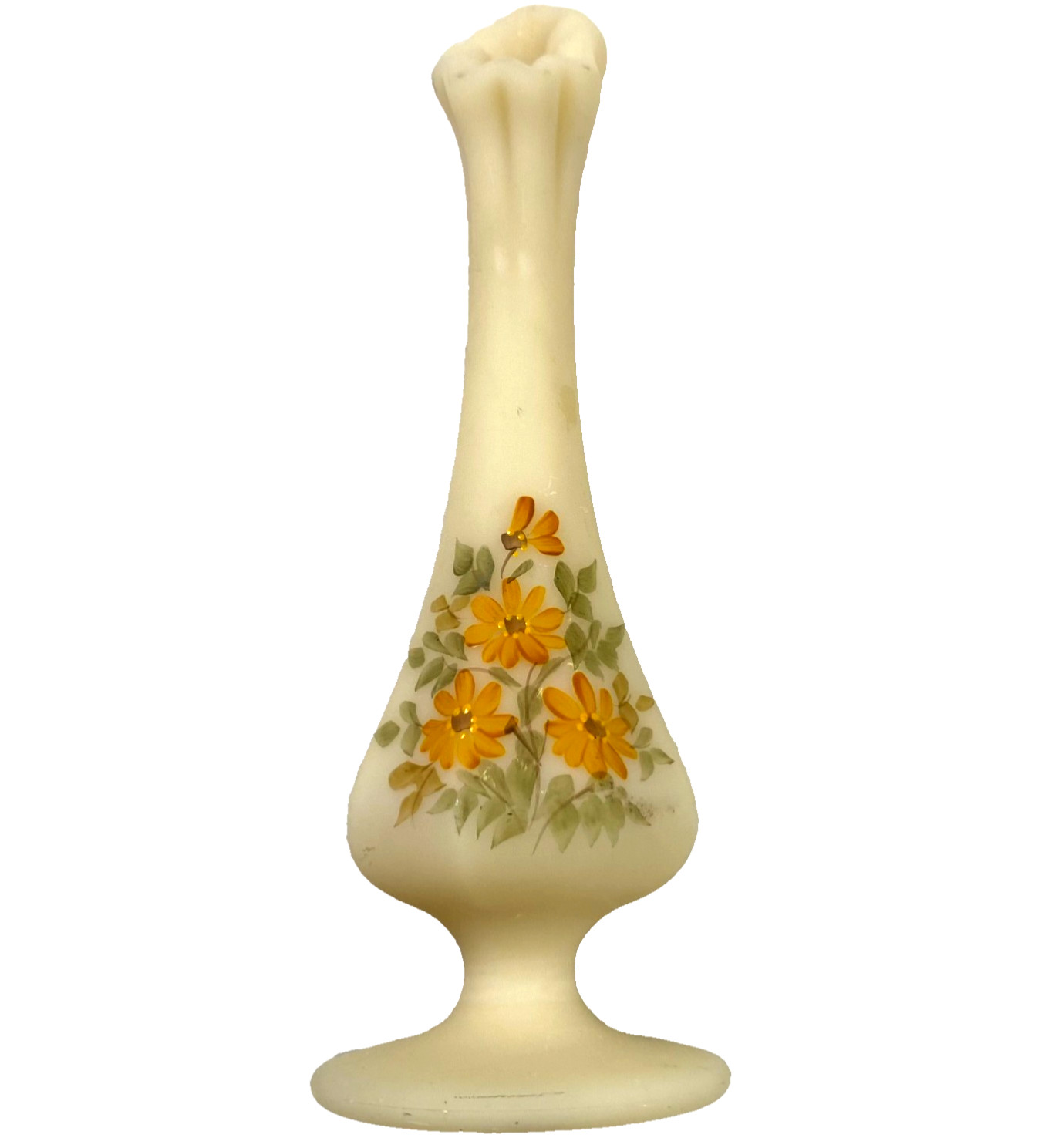 VTG 8″ Fenton Floral Custard Glass Swung Vase Hand Painted Signed MCM