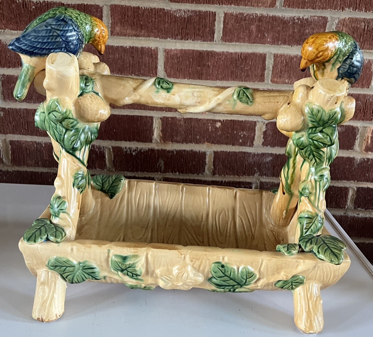 Victorian Pottery Strawberry Server Basket Planter 12” Parrots Birds Vintage