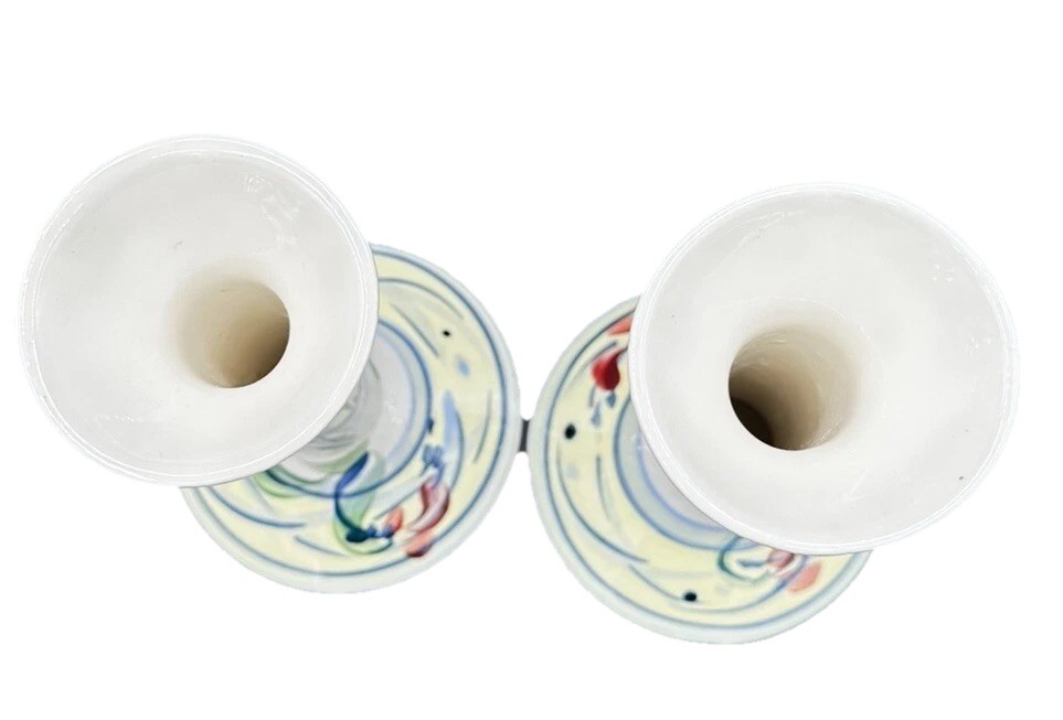 Vintage Candle Holders Signed Gail Pittman 7″ Blue White Floral Narrow Neck
