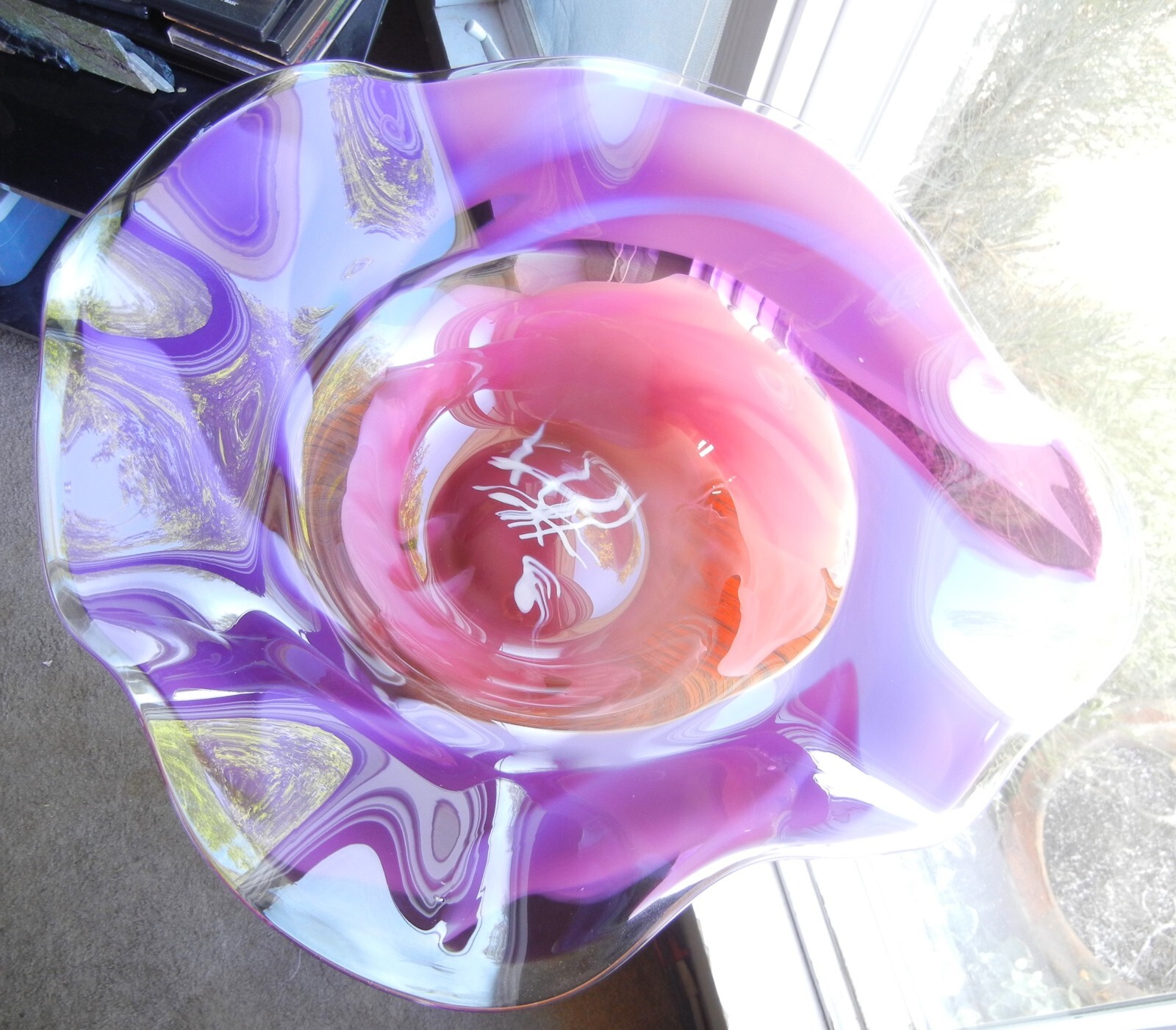 Signed Christopher Morrison 1997 Freeform Art Glass Hand-Blown Bowl 22x19x 6.5″