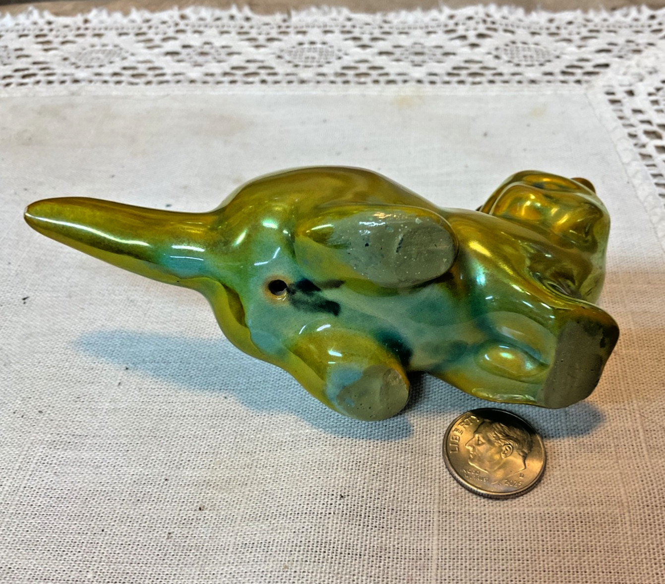 Awesome Antique ZSOLNAY Eosin Iridescent Green 4” Kitty Cat Figure; Hungary