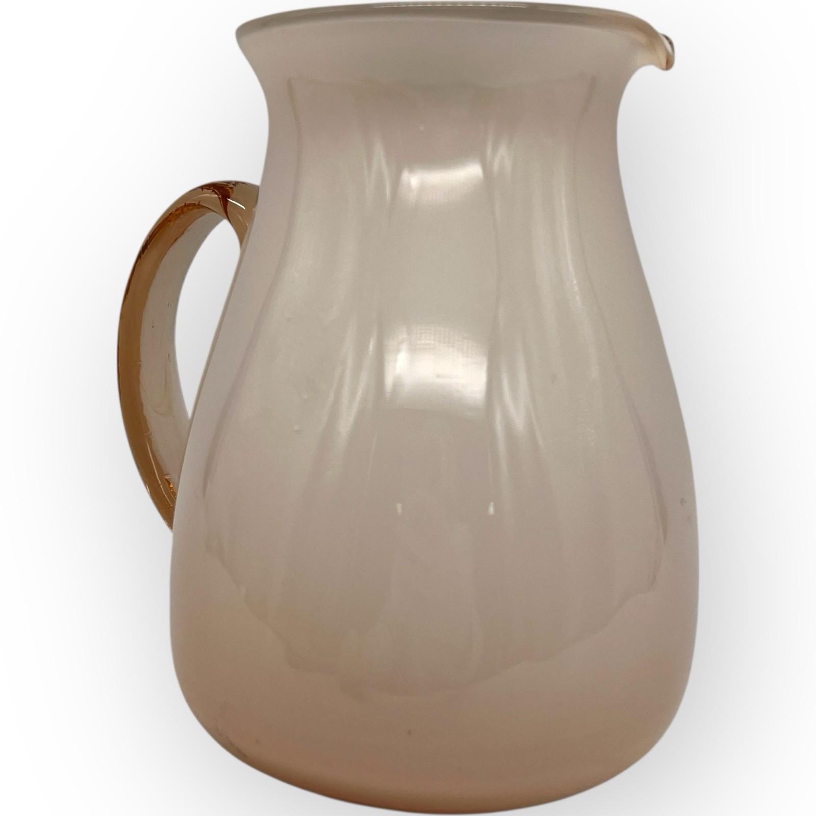 Vintage Pink Art Blown Glass Opaline Pitcher Vase 6.75” White Interior Cottage