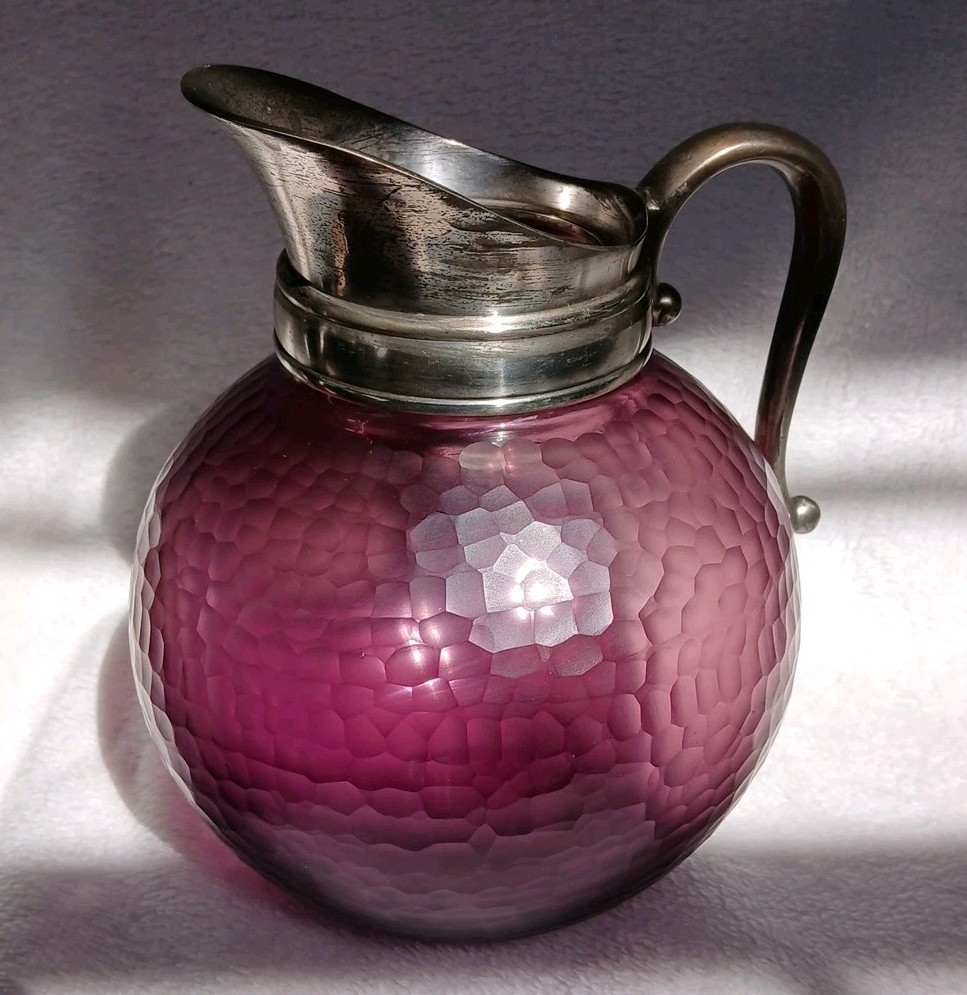 Murano Venini Battuto Amethyst Glass Honeycomb Pitcher w/ Silverplate Mount
