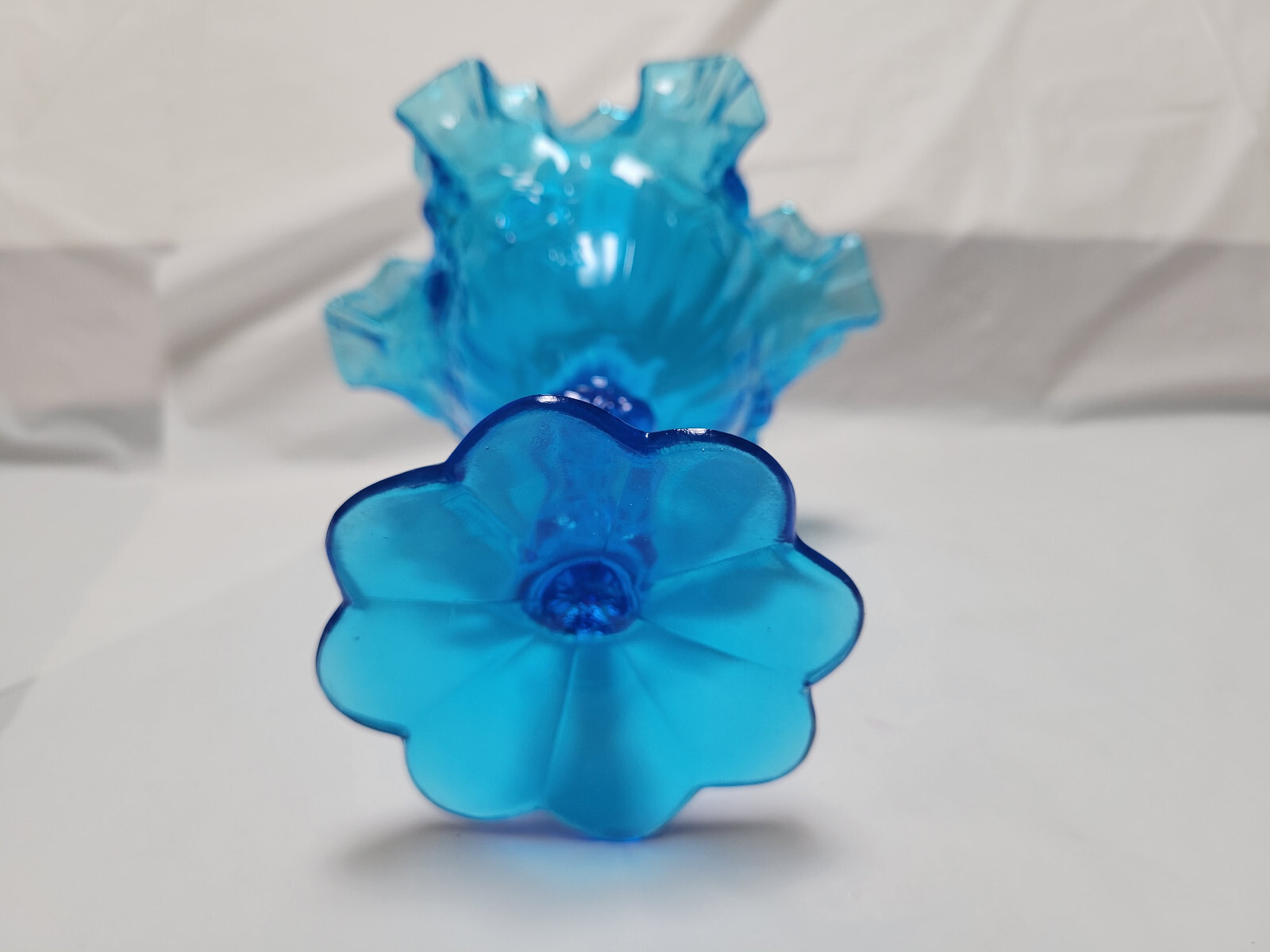 Fenton Blue Ruffled Colonial Pedestal Candy Dish – 6 1/2 Inches Tall