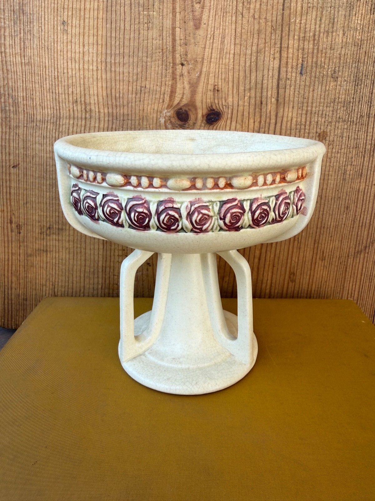 Pair Antique Weller Roma Pottery Buttressed Planters Rose Garland Arts & Crafts