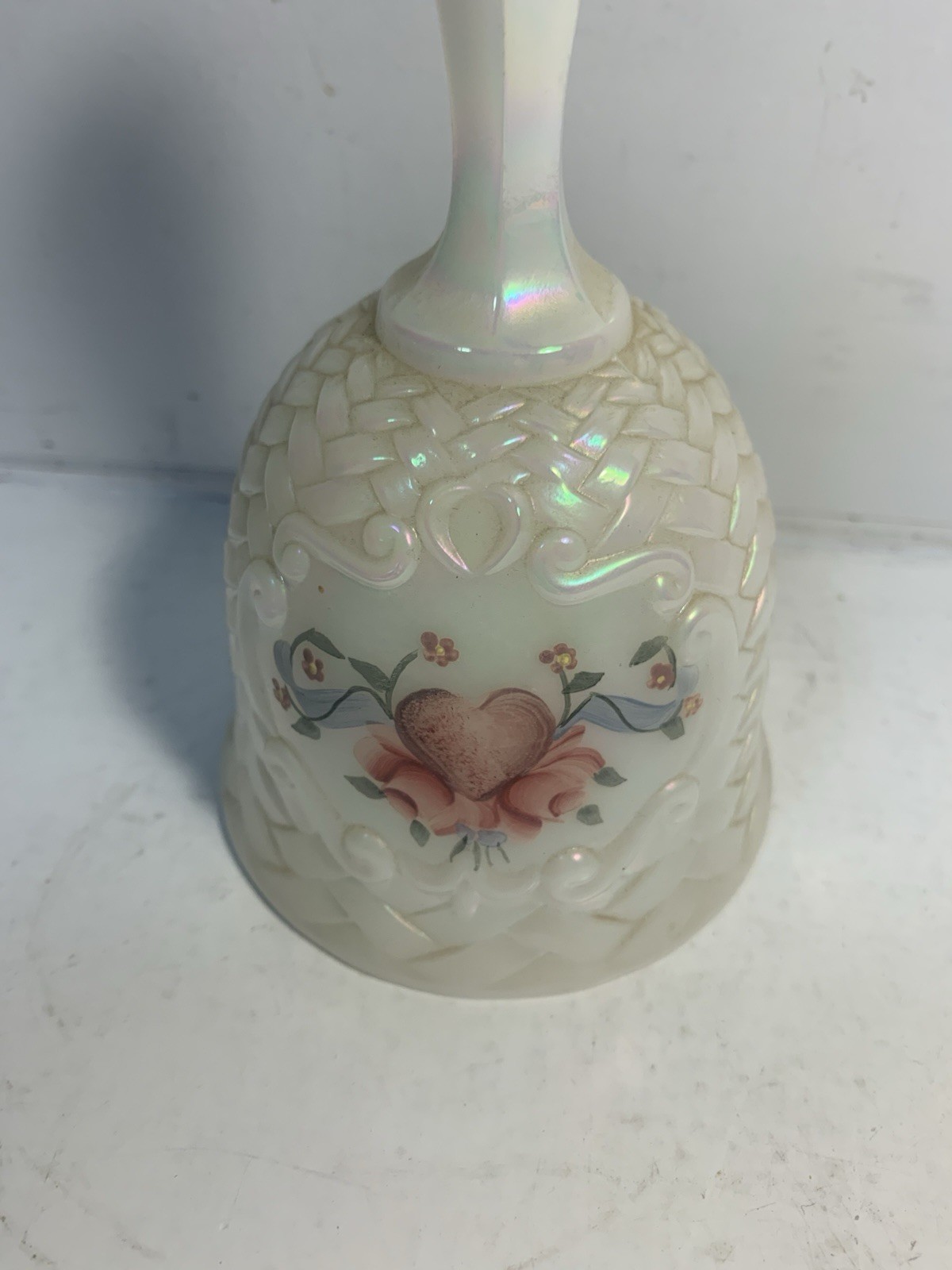 Fenton BELL white iridescent basketweave glass hand painted Heart & Roses Signed