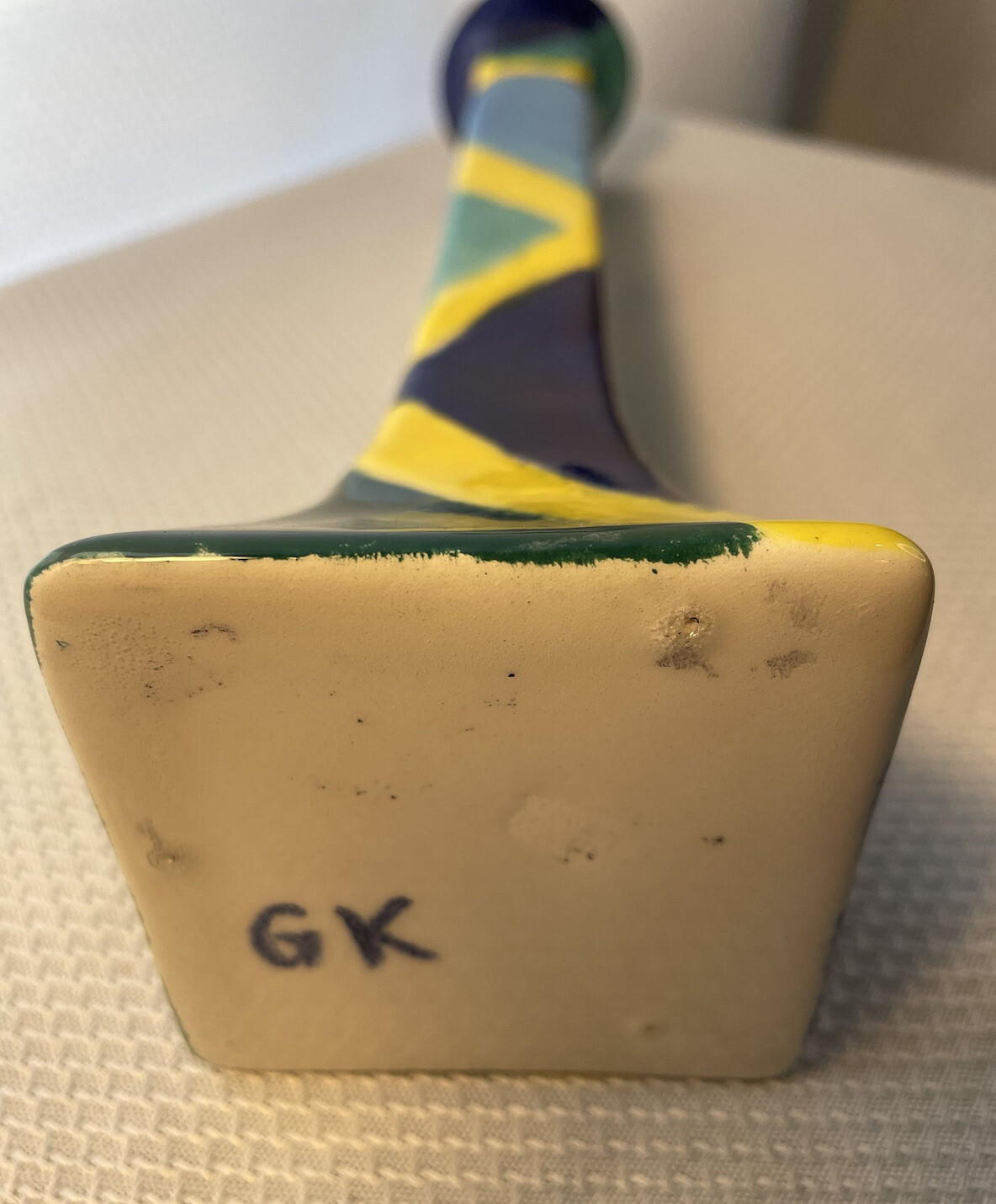 GK Blue, Yellow, Teal, Ceramic Candle Holder 11.5 inches tall