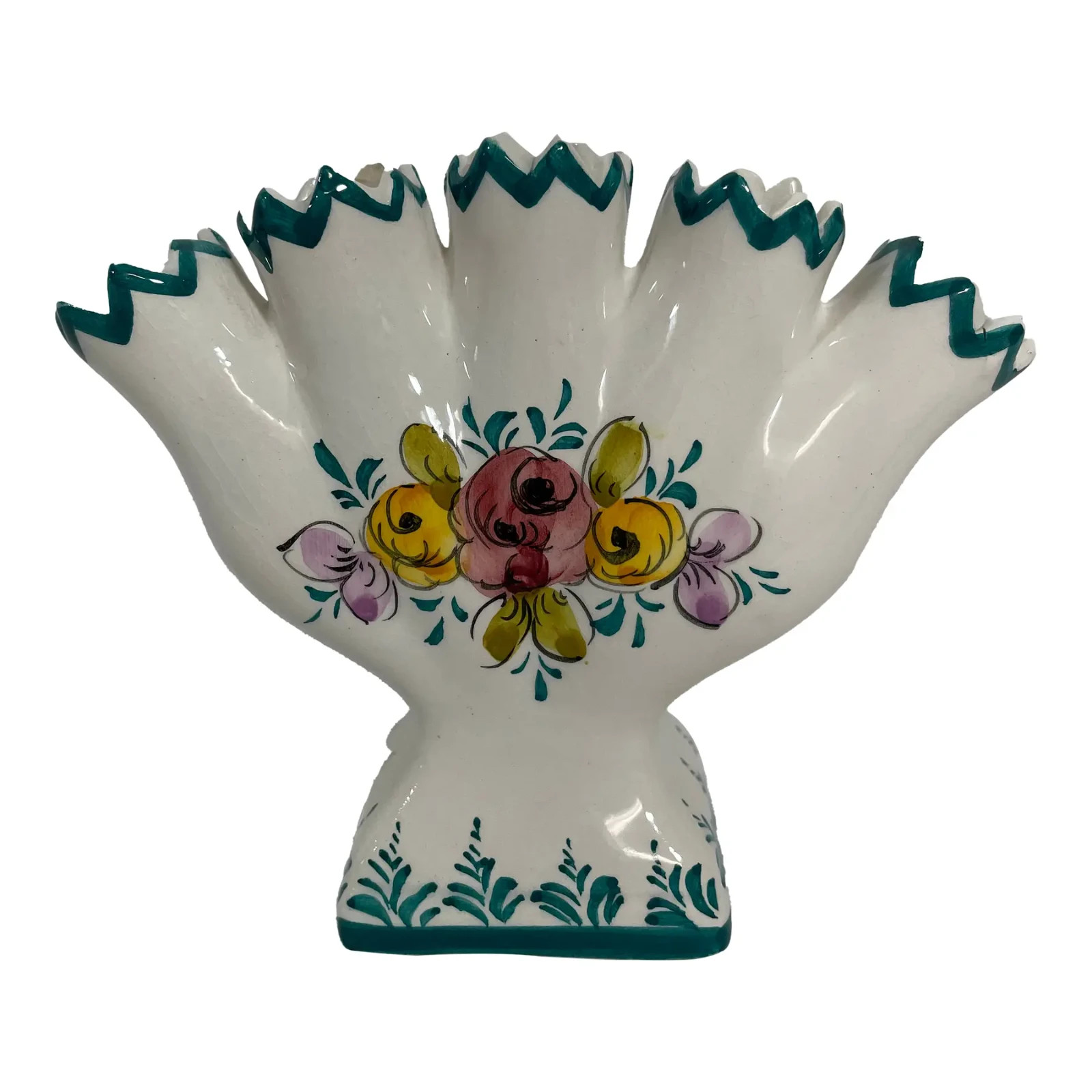 Mid 20th Century Portuguese Petite Majolica Five Finger Tulip Vase Tulipiere