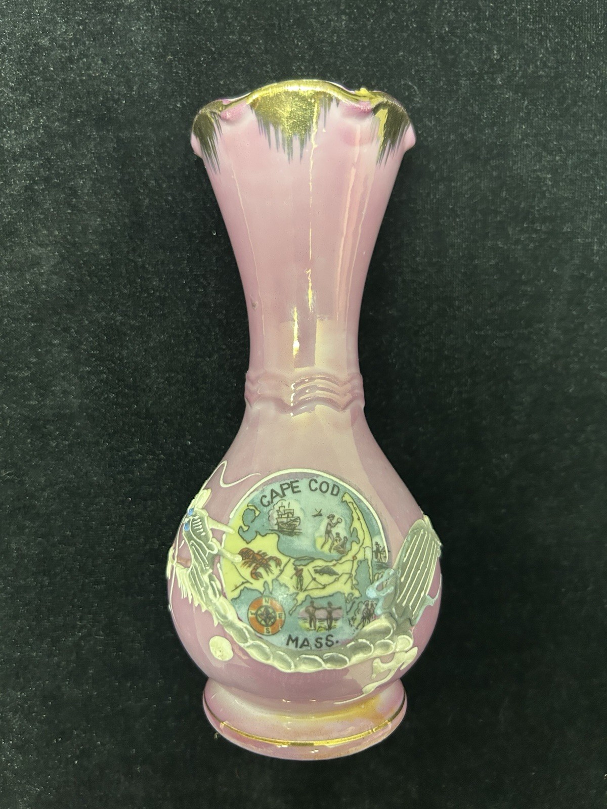 OLDER CAPE COD MASS. ADVERTISING VASE WITH DRAGONS — PINK AND GOLD GLAZE — 6″