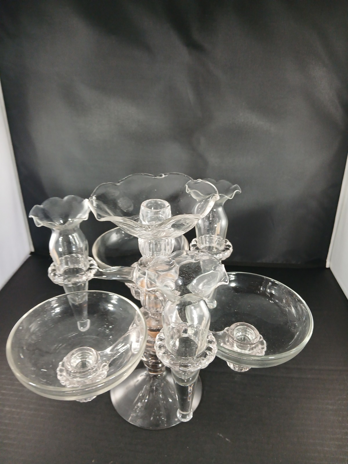 Vtg MCM Cambridge Glass Clear Epergne Bowls, Vases, Holders, 10pc NICE PC