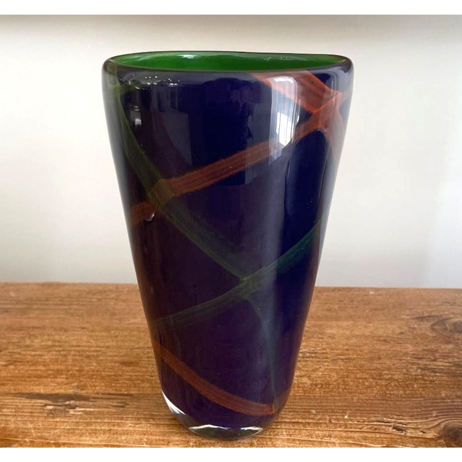Vintage Soholm Danmark Blue Glass Vase with Cross Ribbon Accents