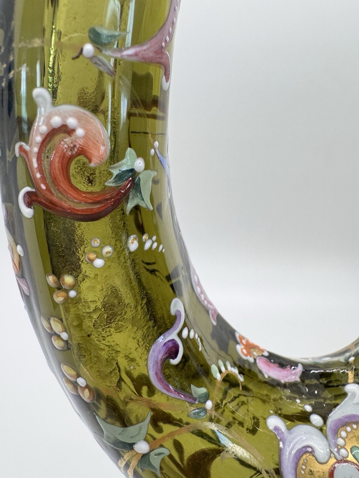 Antique Moser Art Glass Green Hunting Horn Gold Gilt Enamel 10.75″