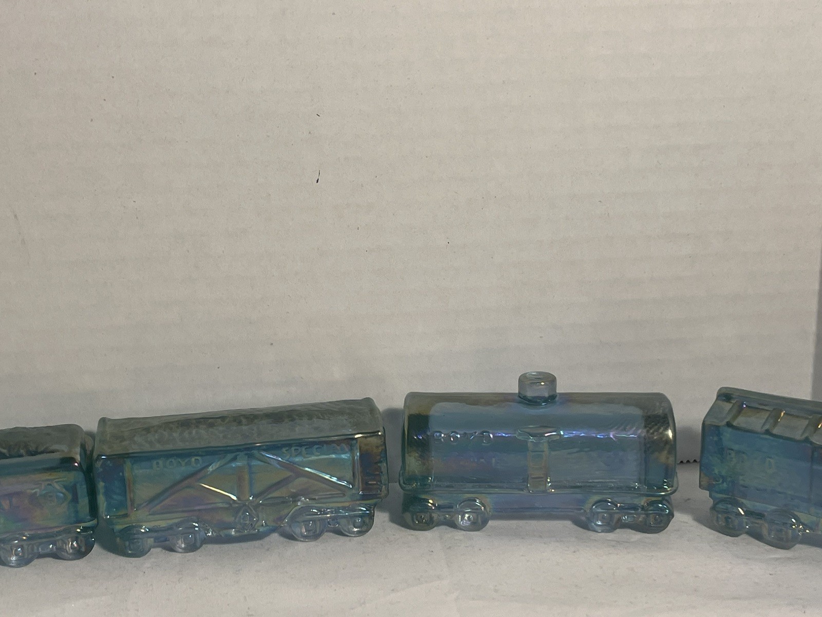 Boyd Glass Mint Blue Carnival Train Set 1995