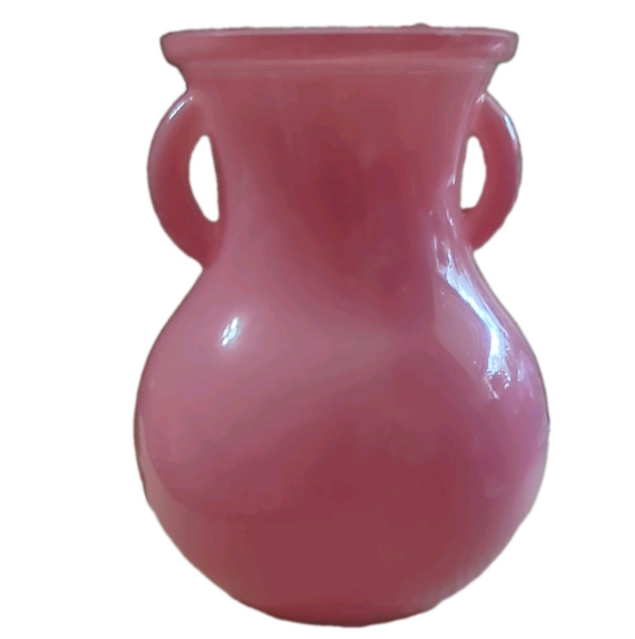 Pink Wide Mouth Case Glass Vase Double Handles 6 inches tall 4 1/2 inch wide
