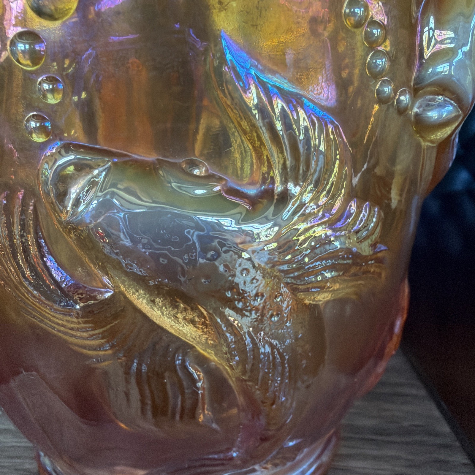 Gorgeous Fenton Iridescent Peach Opal Carnival Atlantis Koi Fish Vase Signed VTG