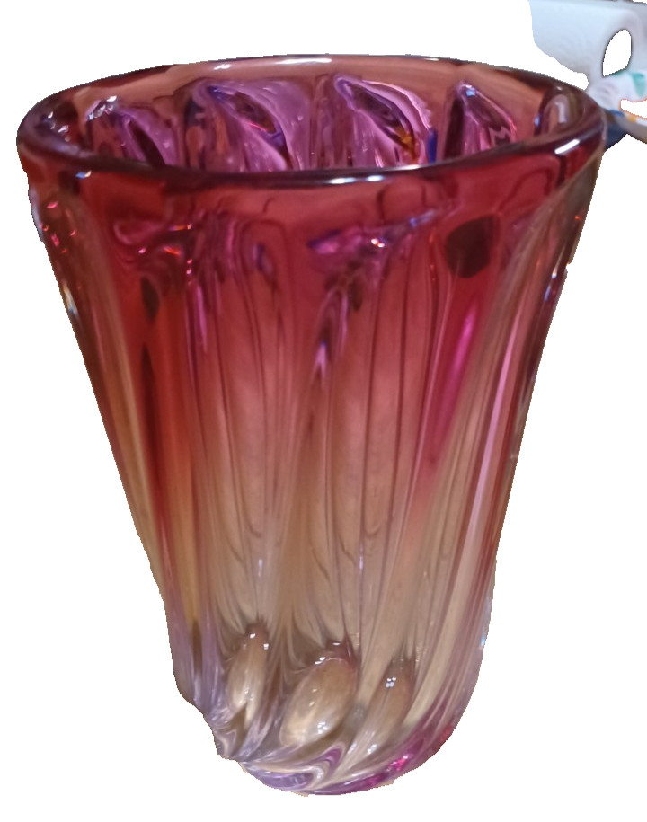 Val St. Lambert, Belgium. cranberry swirl 6-5/8″h 4-5/8″w vase crystal signed