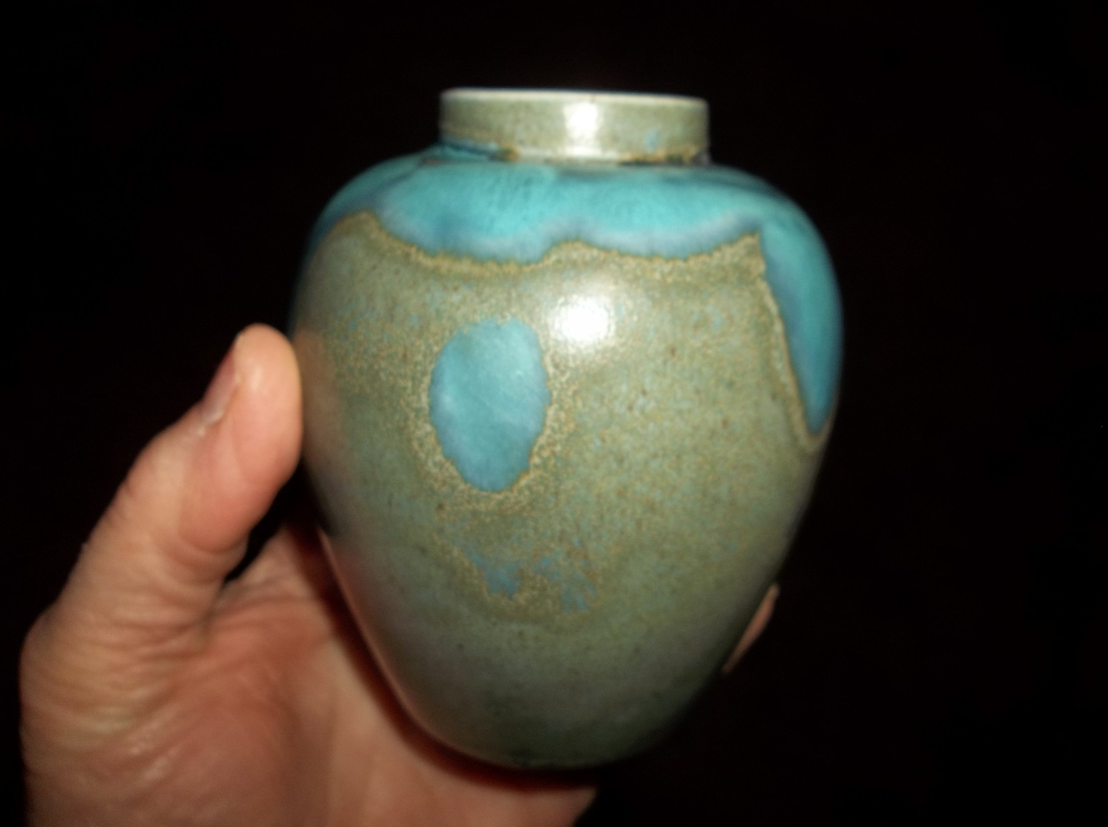 Pottery Vase Drip Glaze Green / Blue 4” tall Vintage Signed on bottom