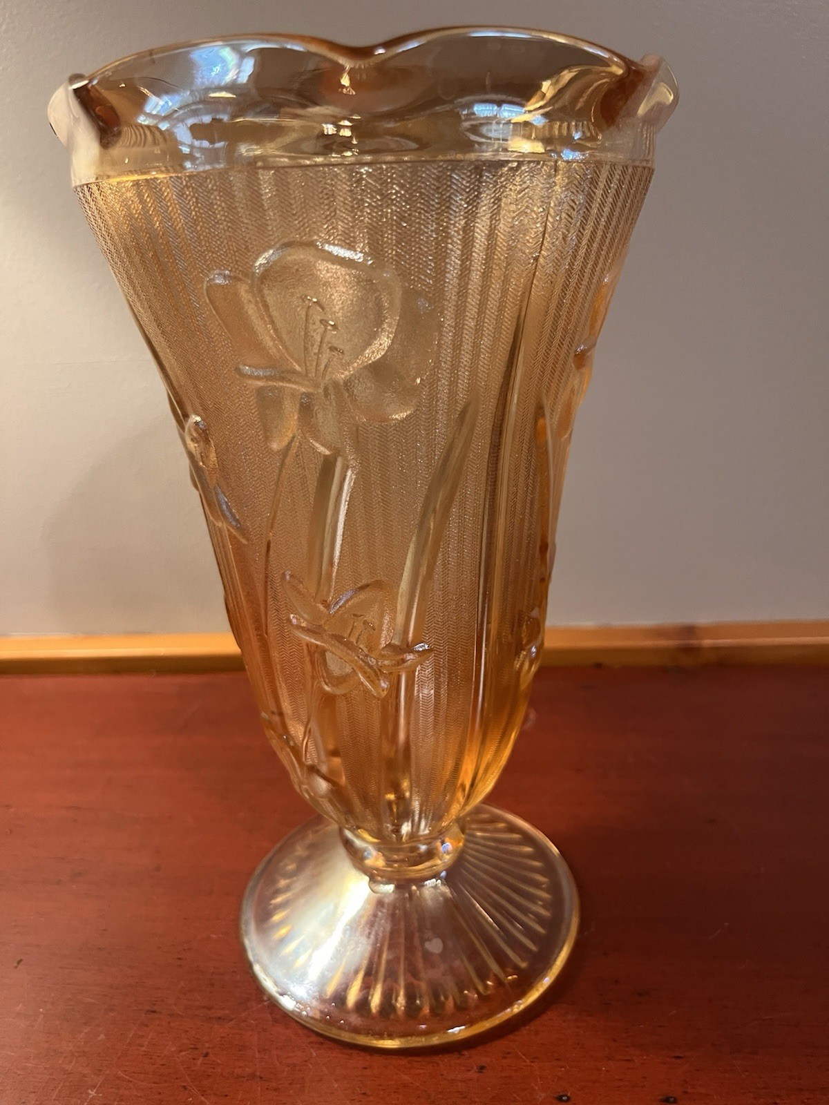 Vintage Jeannette Glass “Iris and Herringbone” pattern carnival glass vase