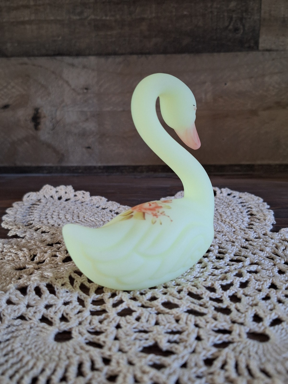 Fenton Roses On Custard Swan Uranium Glass UV Reactive Hand Painted Signed