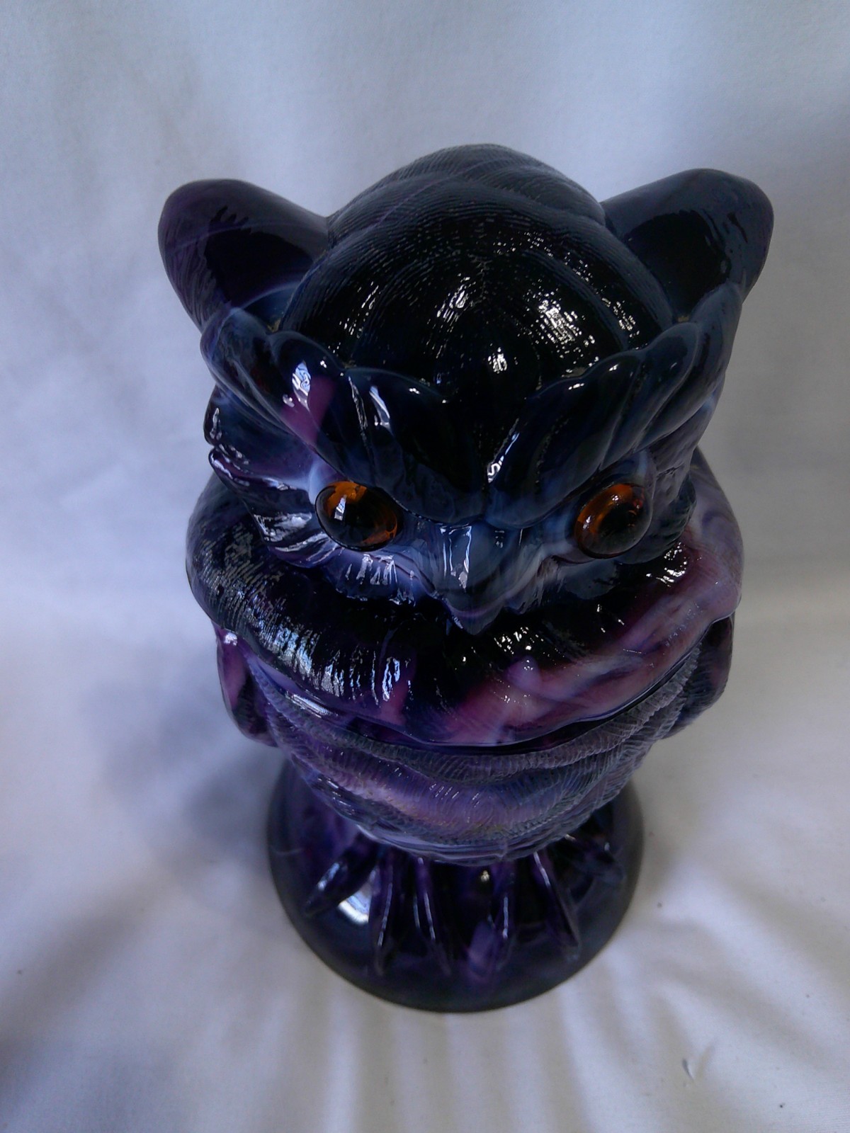 RARE Vintage Imperial Purple Slag Glass Owl Figure Covered Jar w Glass Eyes EVC