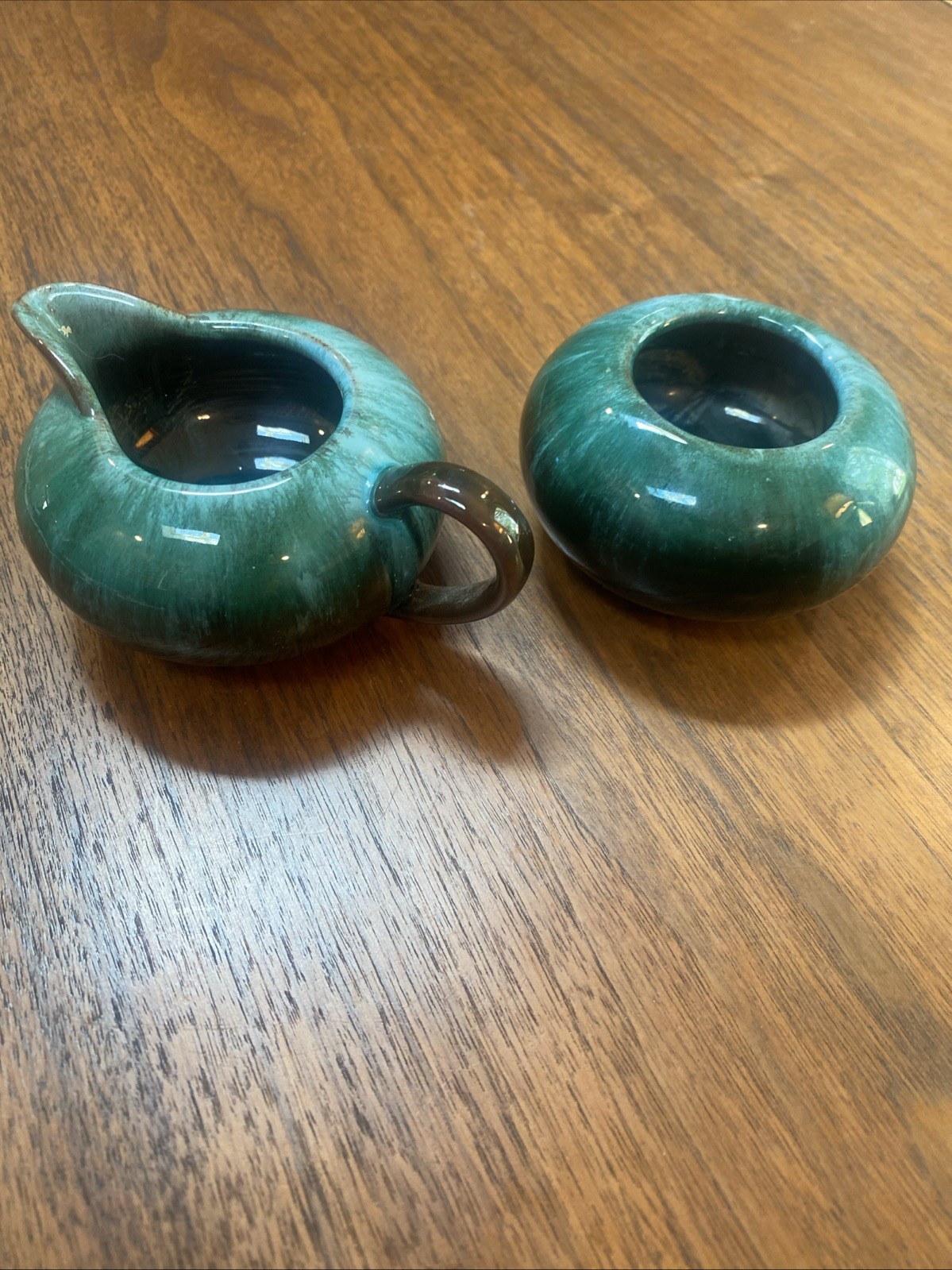 Vintage Blue Mountain Pottery Cream & Sugar Set Blue-Green Drip Marked 3-4”